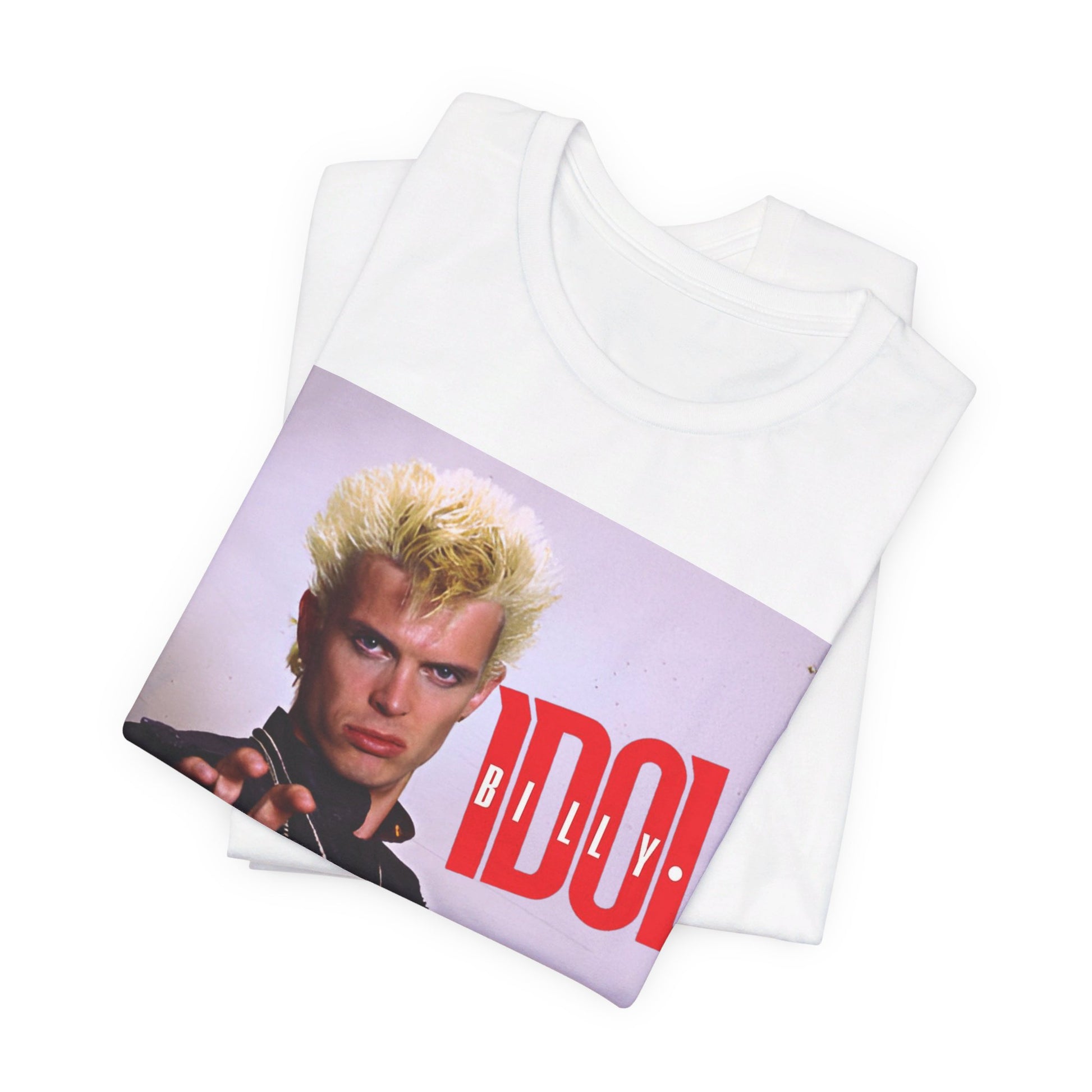 A black graphic t-shirt featuring a graphic of Billy Idol in an iconic rock pose from the 1980s.