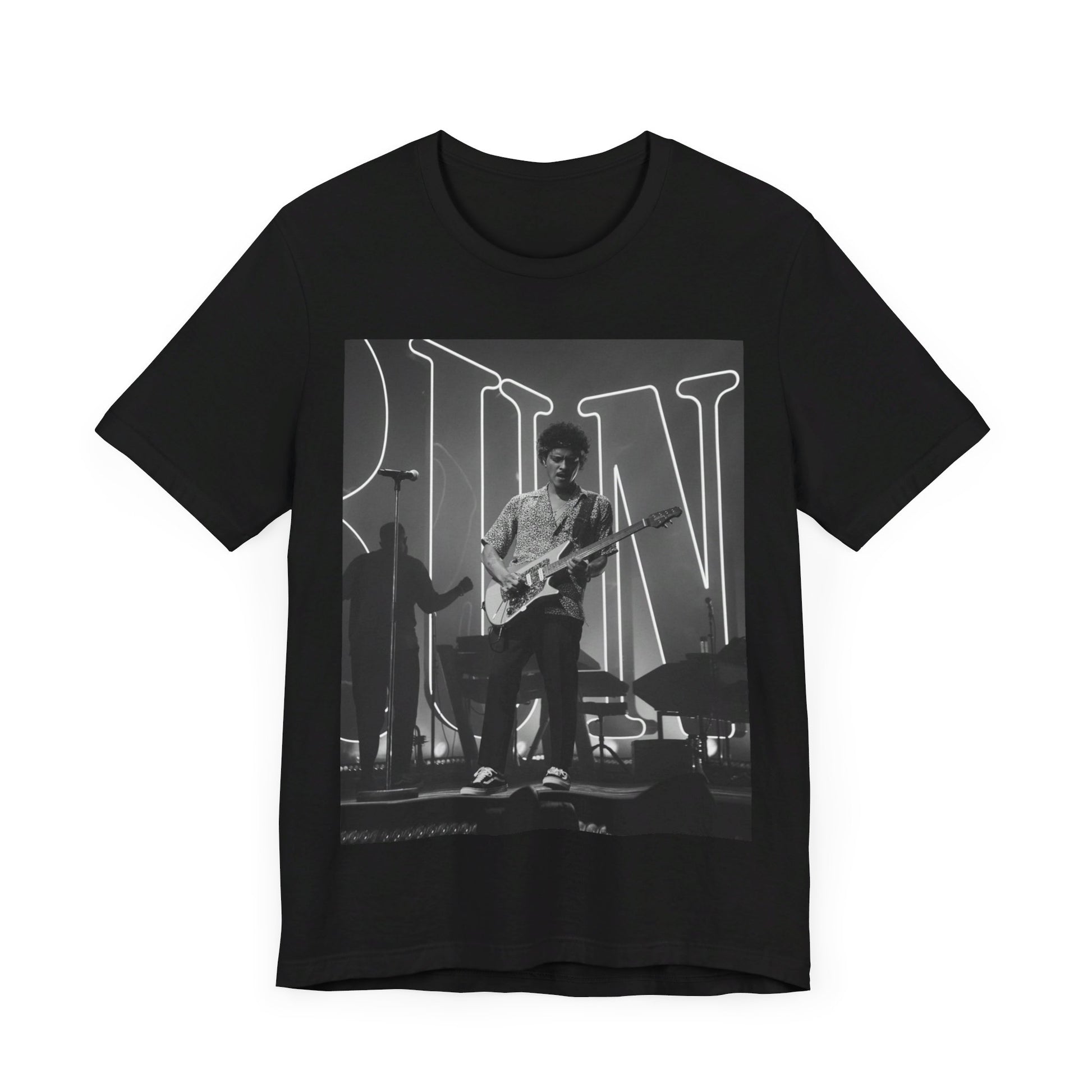 A black graphic t-shirt featuring a black and white photo of Bruno Mars performing live on stage.