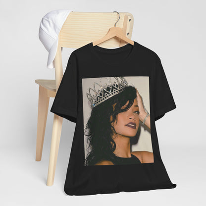 A black graphic t-shirt featuring a Y2K pop aesthetic graphic of Rihanna.