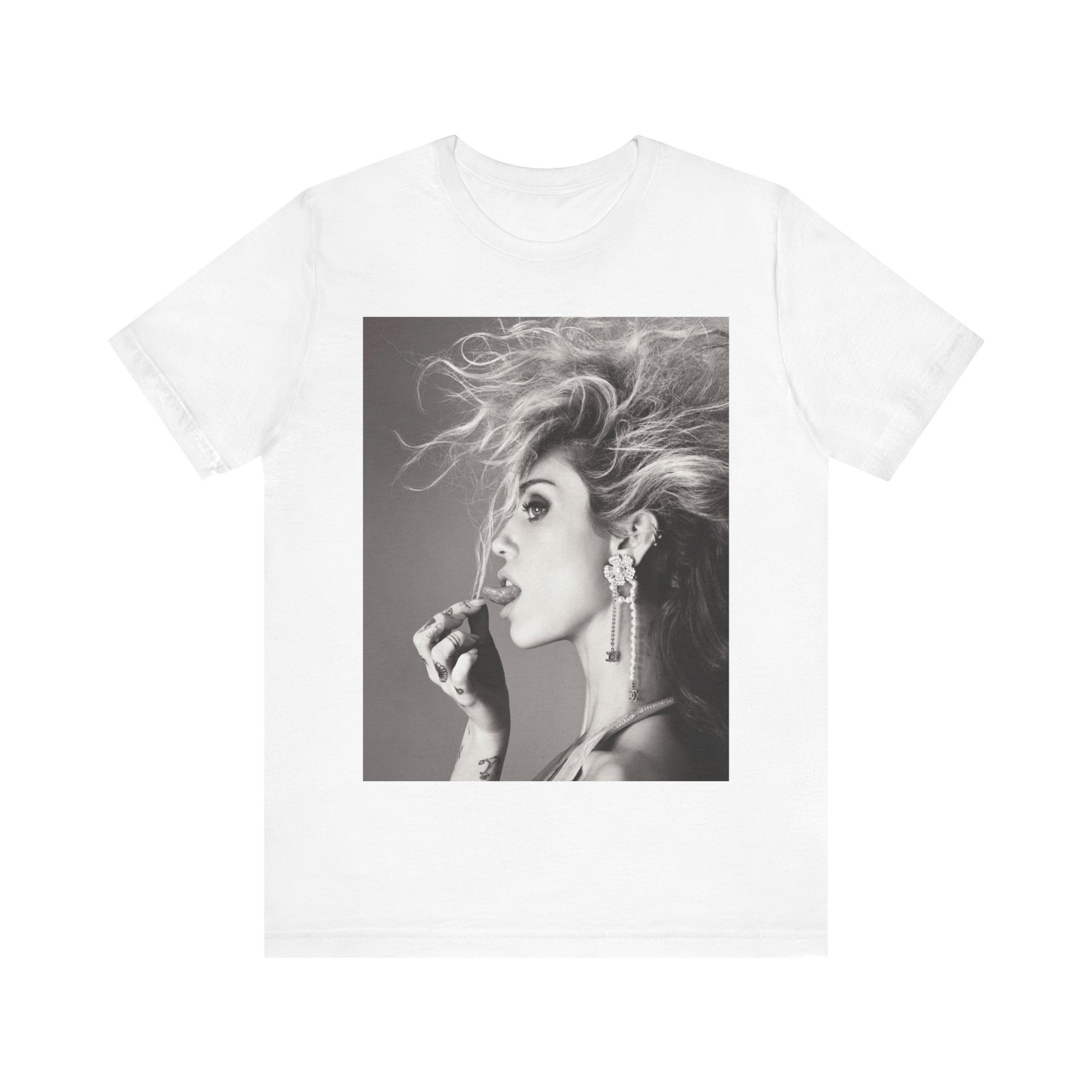 A black graphic t-shirt featuring a graphic of Miley Cyrus as a grunge rockstar.