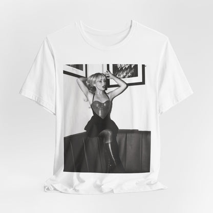 A black graphic t-shirt featuring a black and white graphic of Sabrina Carpenter as a pop princess.