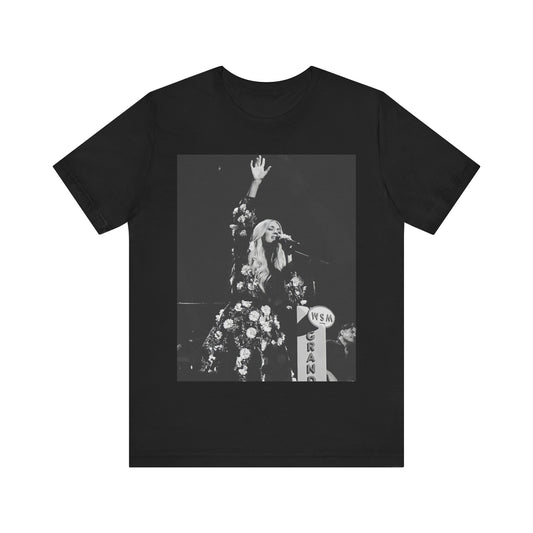 A black graphic t-shirt featuring a black and white, monochrome graphic or portrait of Carrie Underwood.