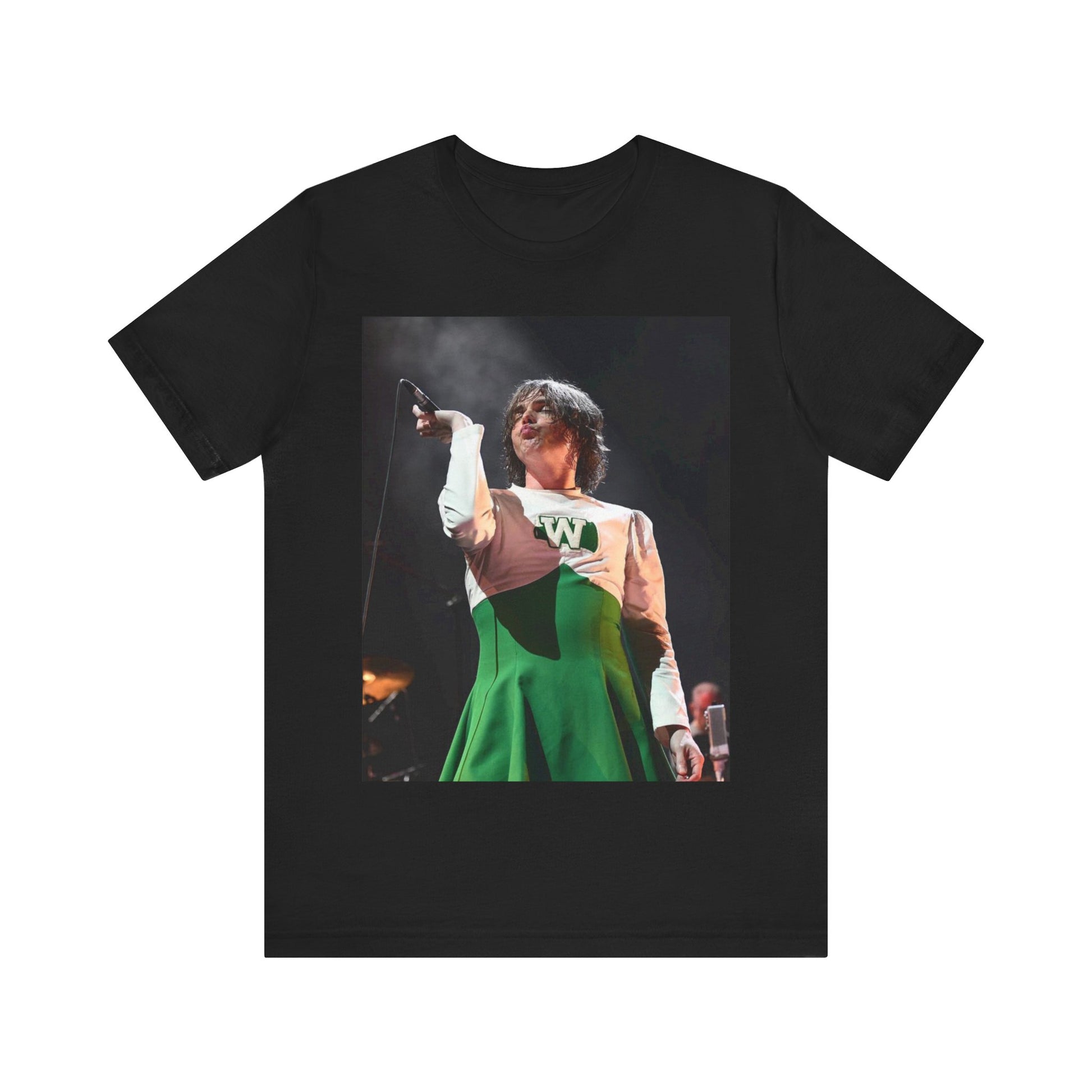 A black graphic t-shirt featuring a photo of My Chemical Romance, possibly with a cheerleader theme.