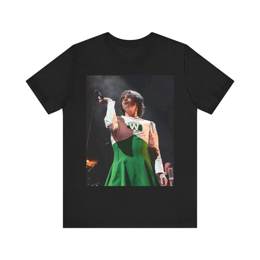 A black graphic t-shirt featuring a photo of My Chemical Romance, possibly with a cheerleader theme.