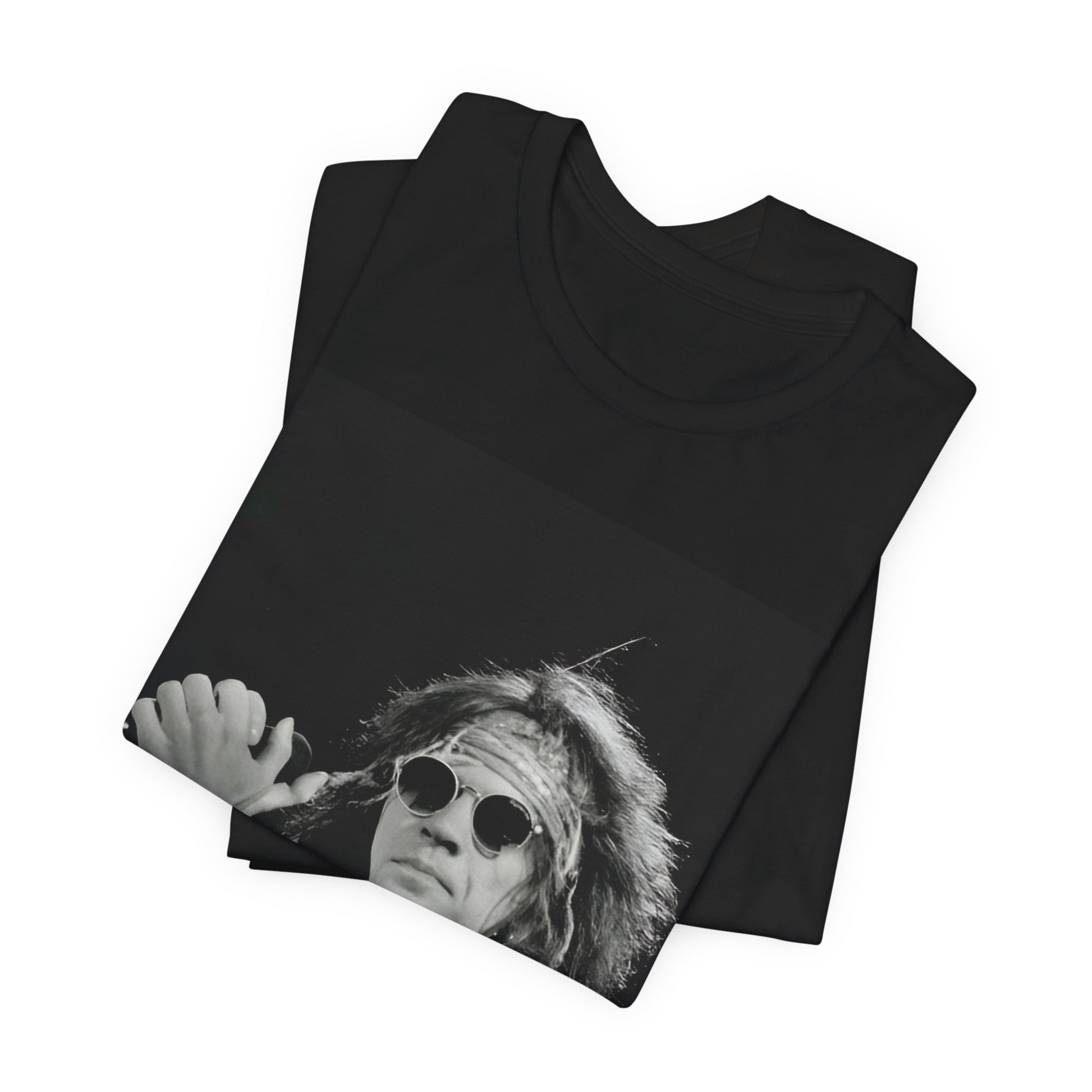 A black graphic t-shirt featuring a vintage graphic related to Bon Jovi's '94 era or "Glory Days".