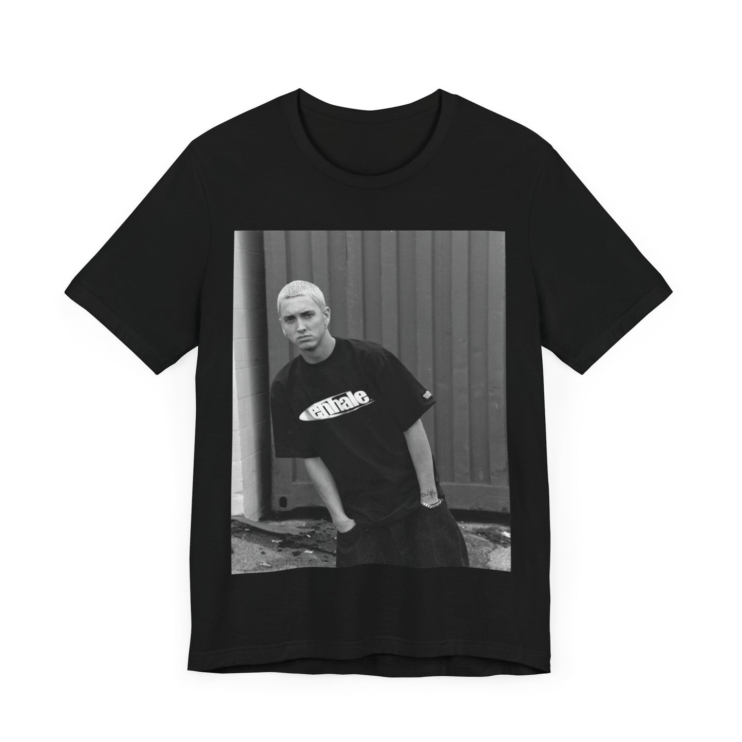 A black graphic t-shirt featuring a graphic of Eminem with a Detroit hip hop aesthetic.
