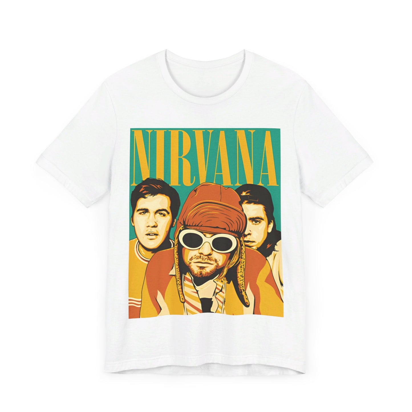 A black graphic t-shirt featuring an artistic or aesthetic pop art graphic of Nirvana.