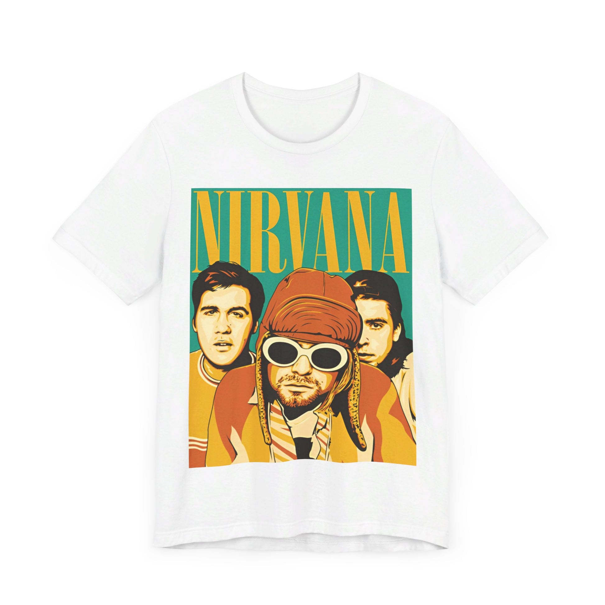 A black graphic t-shirt featuring an artistic or aesthetic pop art graphic of Nirvana.