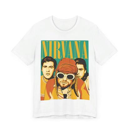 A black graphic t-shirt featuring an artistic or aesthetic pop art graphic of Nirvana.