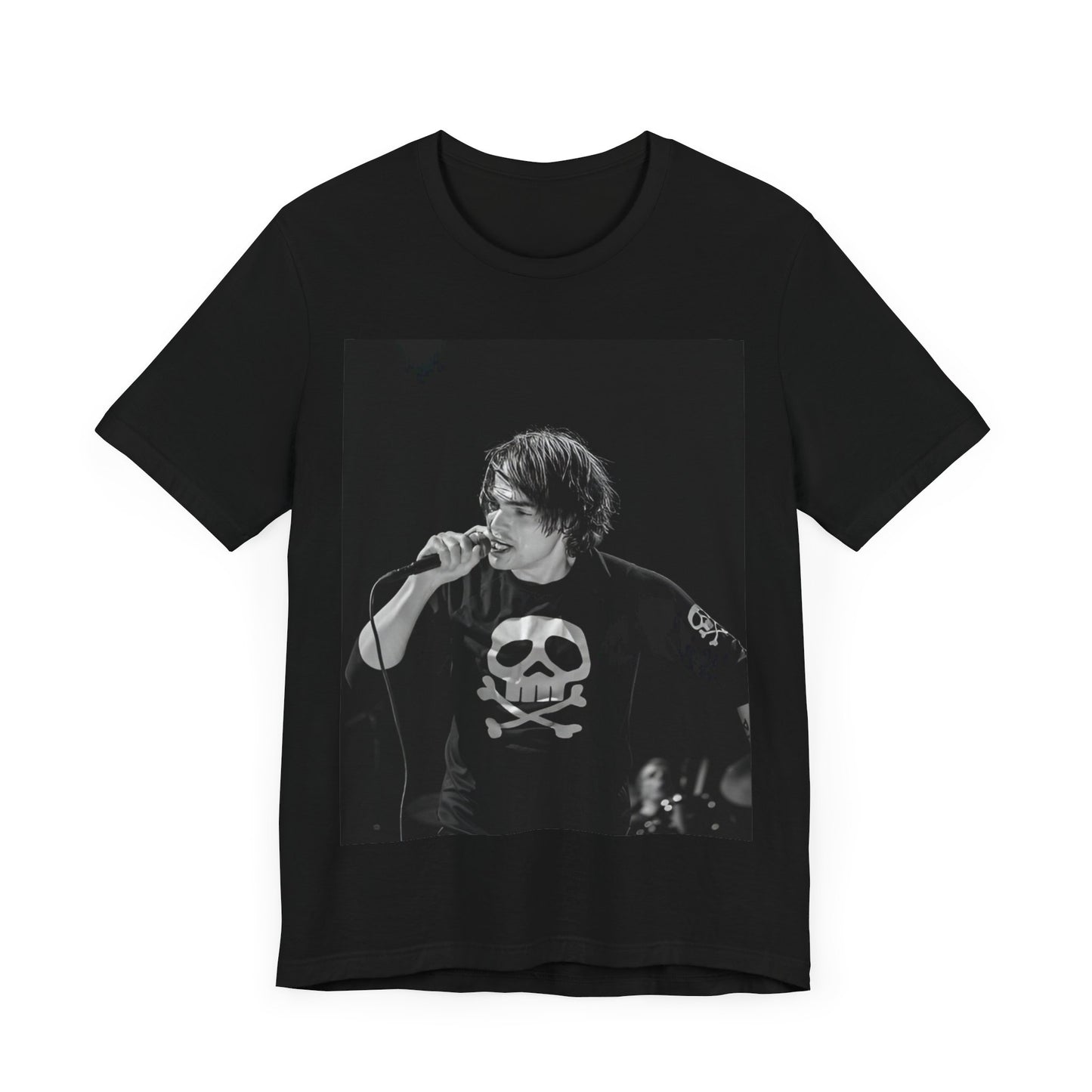 A black graphic t-shirt featuring a black and white portrait photo of Gerard Way from My Chemical Romance.