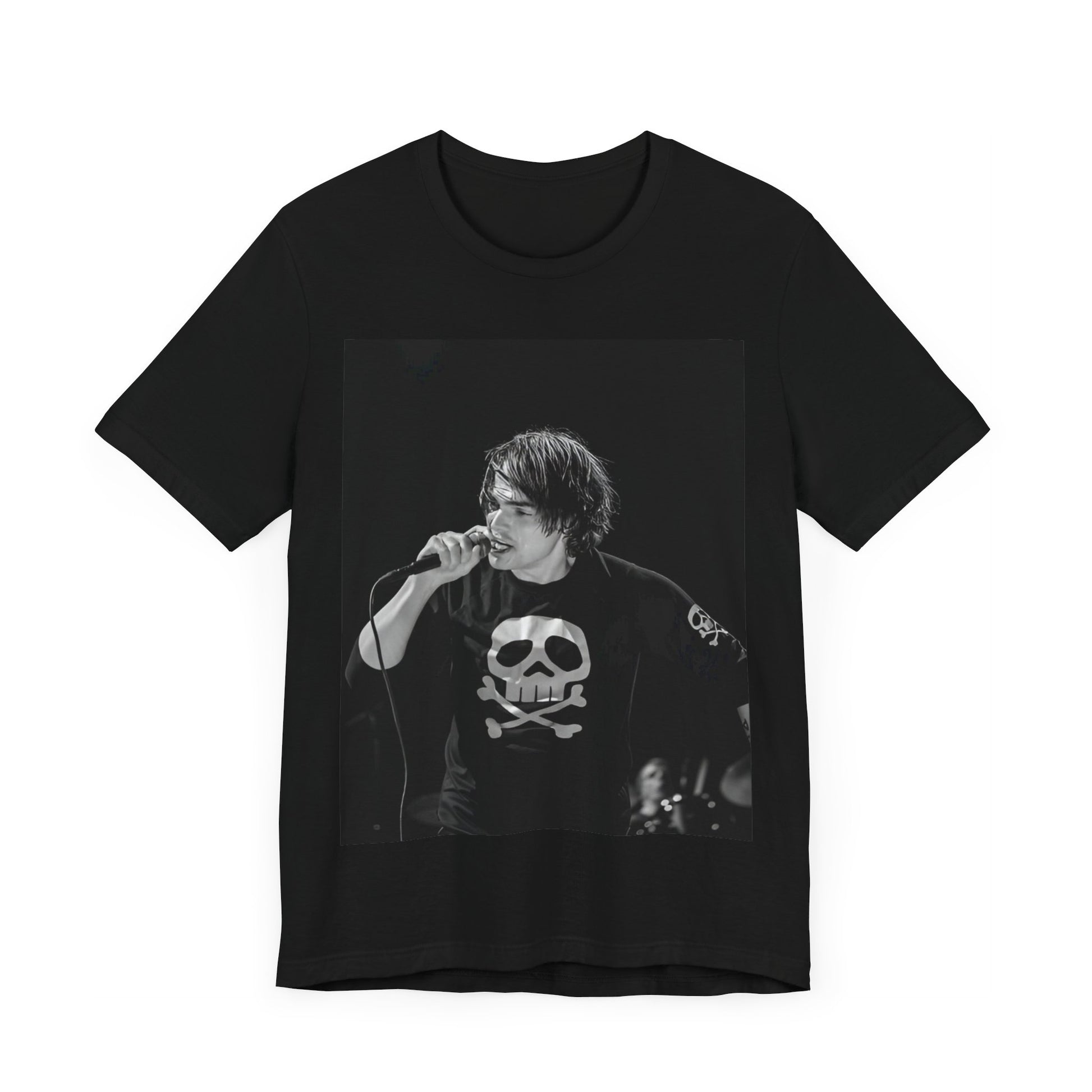 A black graphic t-shirt featuring a black and white portrait photo of Gerard Way from My Chemical Romance.