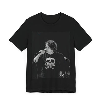 A black graphic t-shirt featuring a black and white portrait photo of Gerard Way from My Chemical Romance.