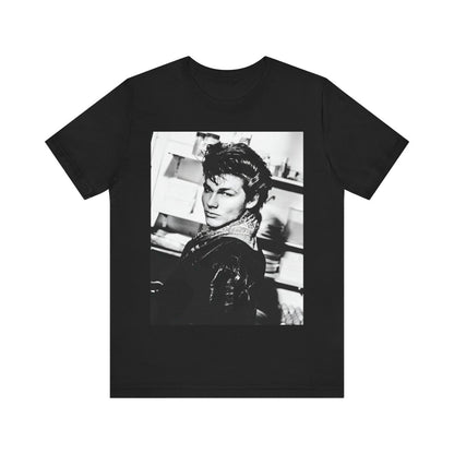 A black graphic t-shirt featuring a black and white photographic portrait of the band A-HA, capturing their iconic 80s look.