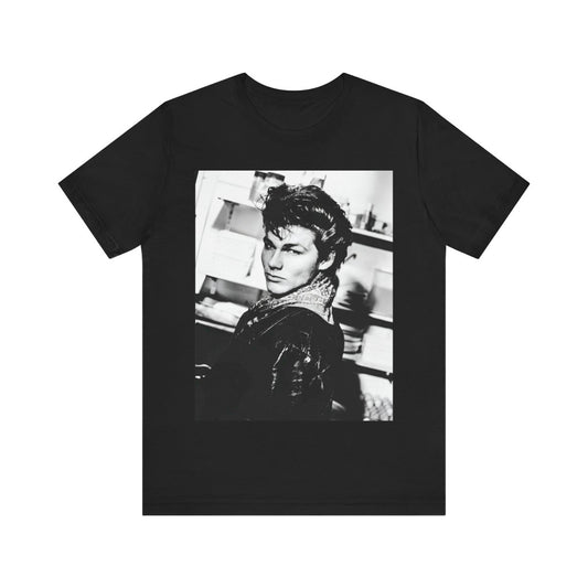 A black graphic t-shirt featuring a black and white photographic portrait of the band A-HA, capturing their iconic 80s look.