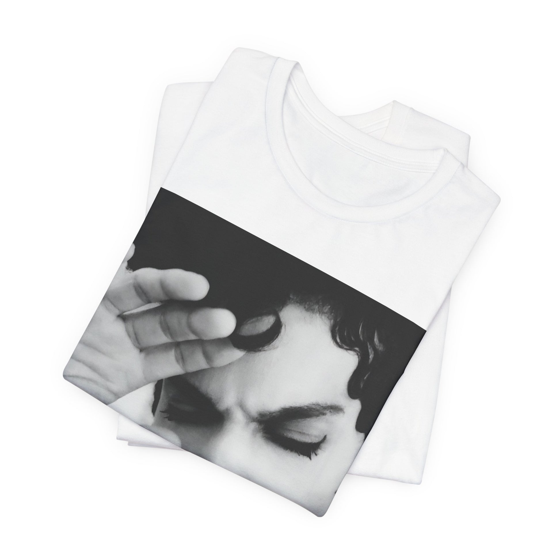 A black graphic t-shirt featuring a black and white graphic or photo portrait of Prince.