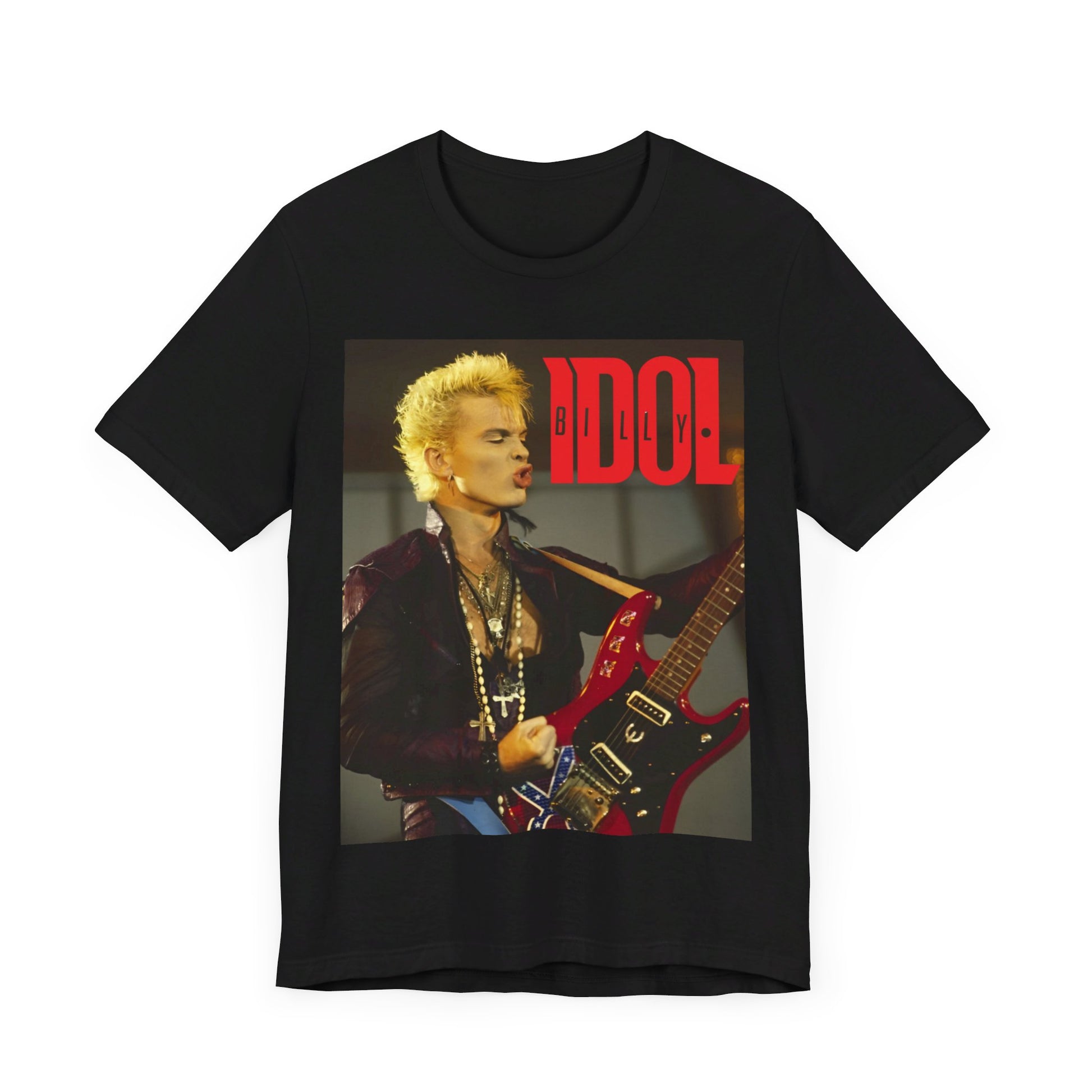 A black graphic t-shirt featuring a retro 80s tour graphic for Billy Idol, possibly with concert imagery or band members in action.