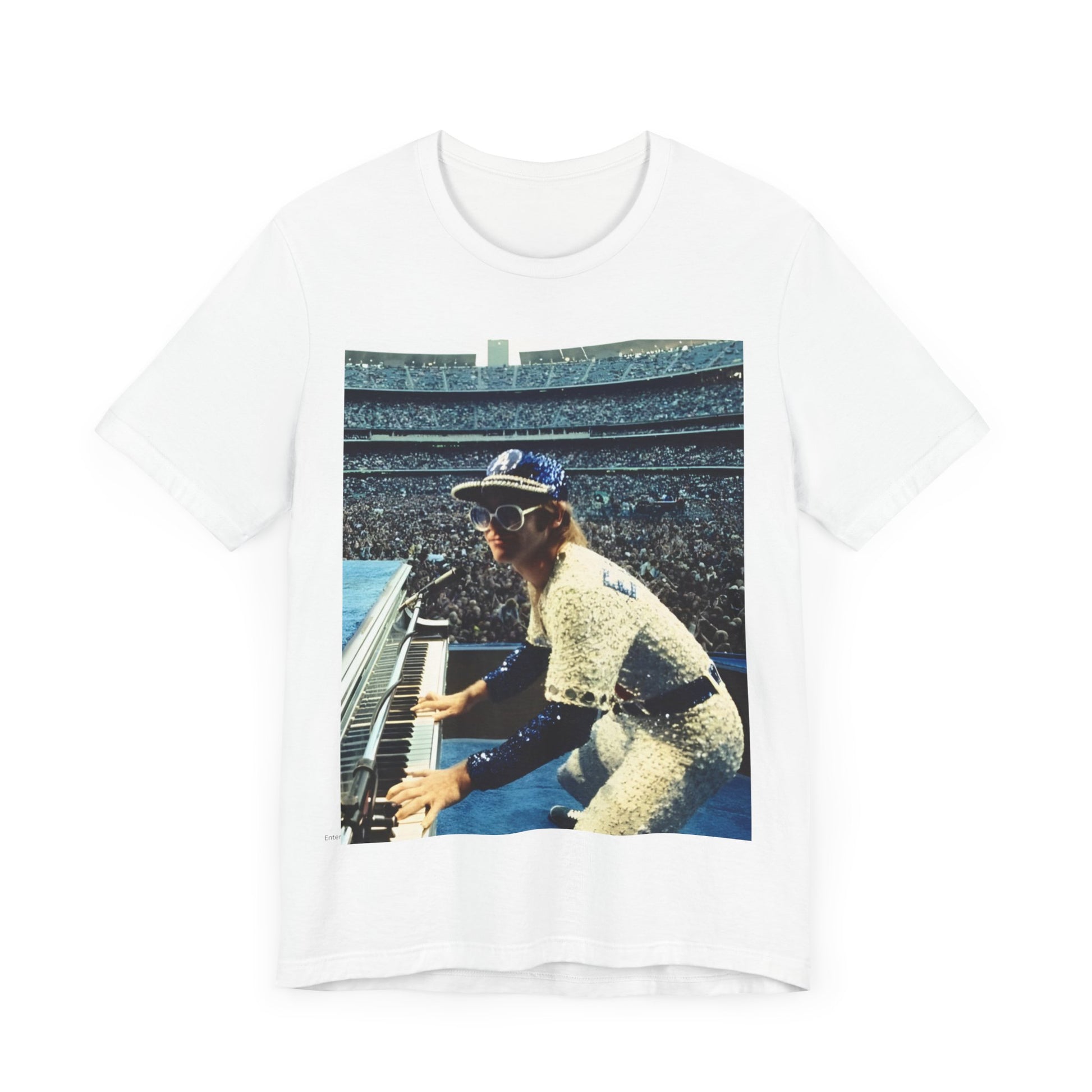 A black graphic t-shirt featuring a photo of Elton John from his 1975 Dodgers Stadium concert.