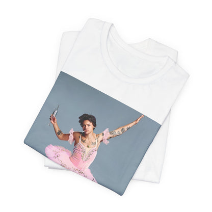 A black graphic t-shirt featuring a photo of Harry Styles in a ballet pose or setting.