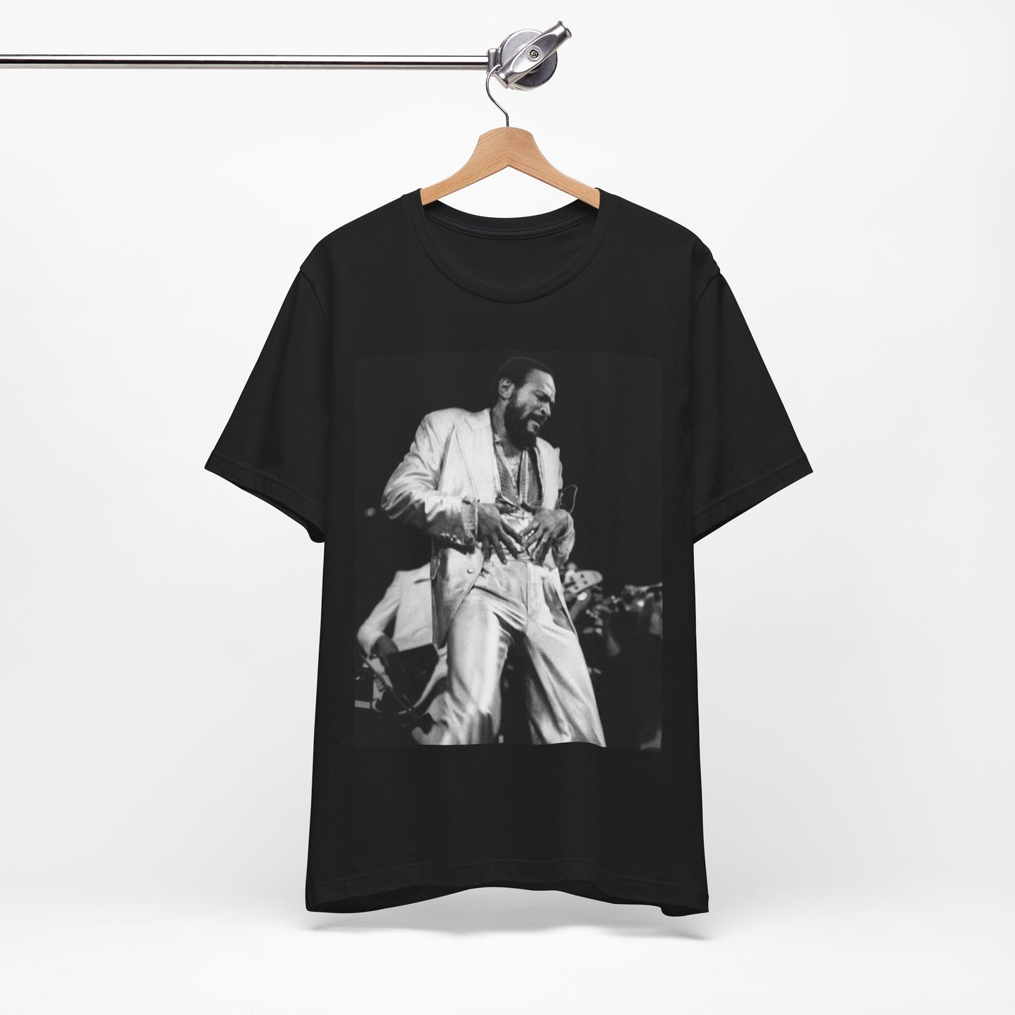 A black graphic t-shirt featuring a 70s Motown concert graphic of Marvin Gaye.