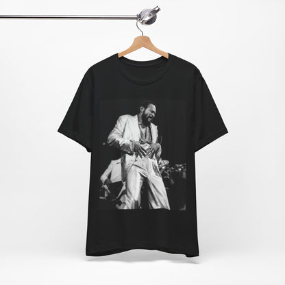 A black graphic t-shirt featuring a 70s Motown concert graphic of Marvin Gaye.