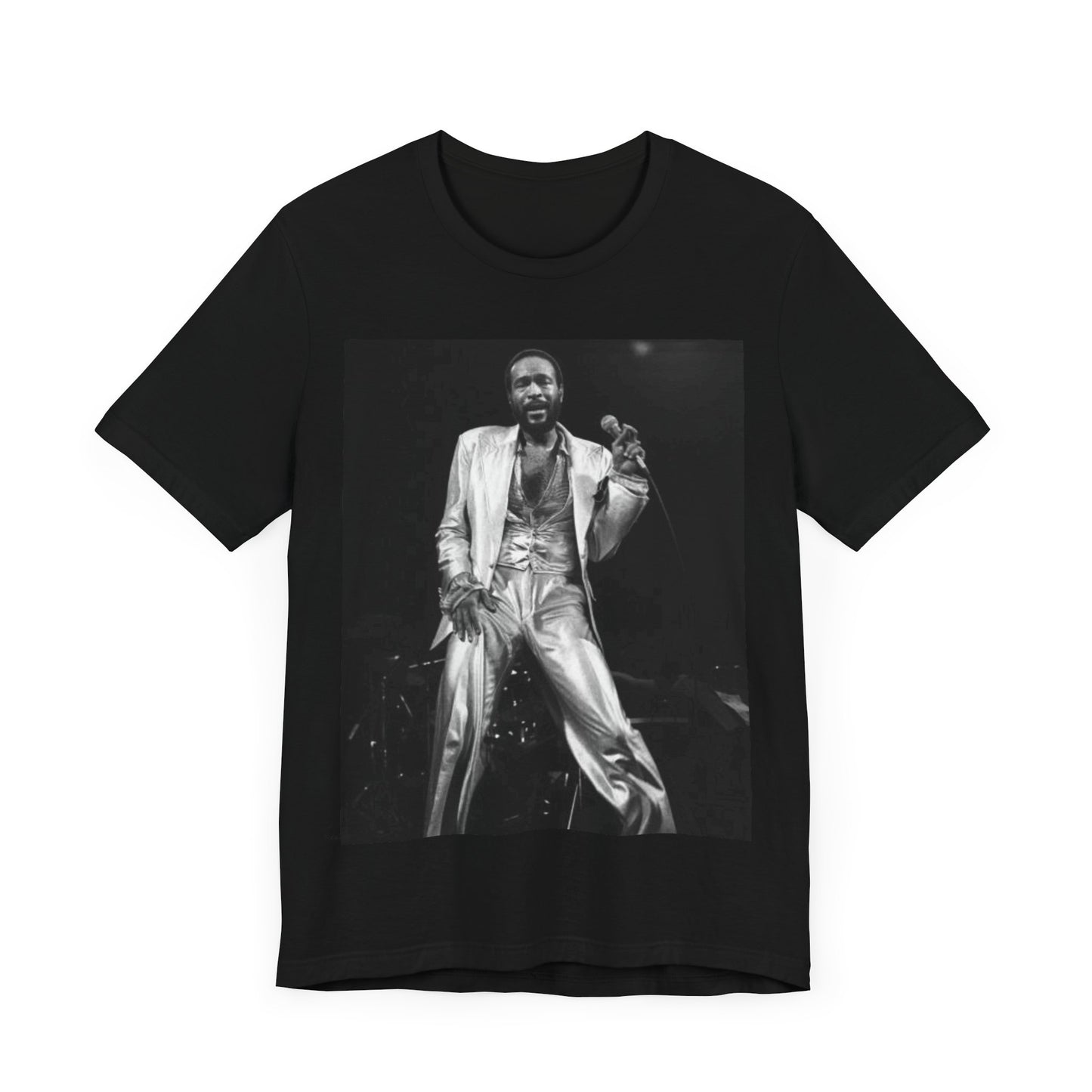 A black graphic t-shirt featuring a live graphic related to Marvin Gaye's 'Sexual Healing' song or era.
