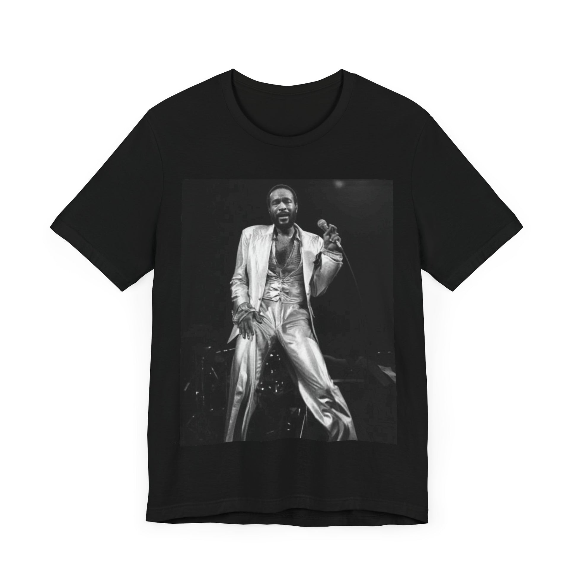 A black graphic t-shirt featuring a live graphic related to Marvin Gaye's 'Sexual Healing' song or era.