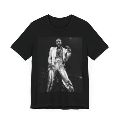 A black graphic t-shirt featuring a live graphic related to Marvin Gaye's 'Sexual Healing' song or era.