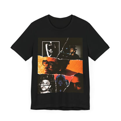 A black graphic t-shirt featuring a retro bootleg graphic of The Weeknd.