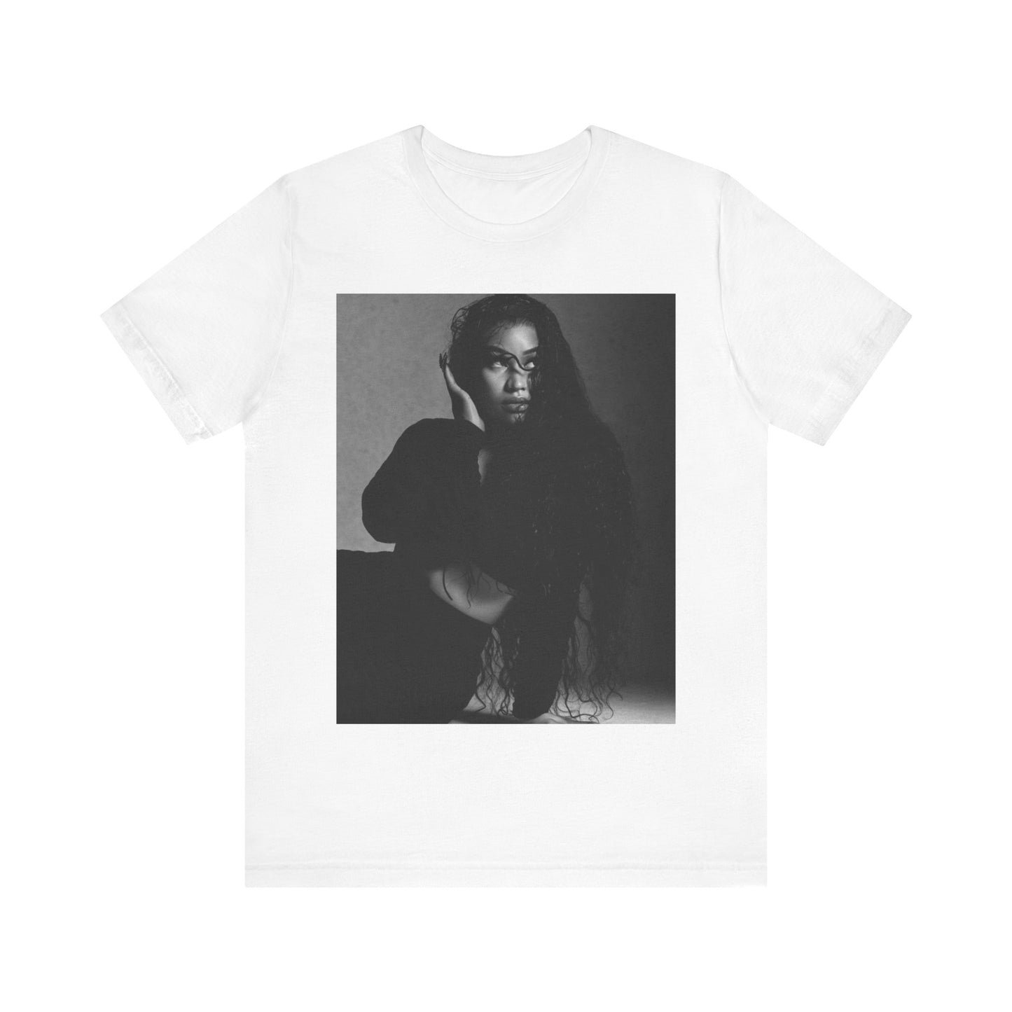 A black graphic t-shirt featuring a black and white graphic or photo of Nicki Minaj as a glamour queen.