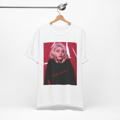A black graphic t-shirt featuring a graphic related to Blondie's 'Atomic' song or era.