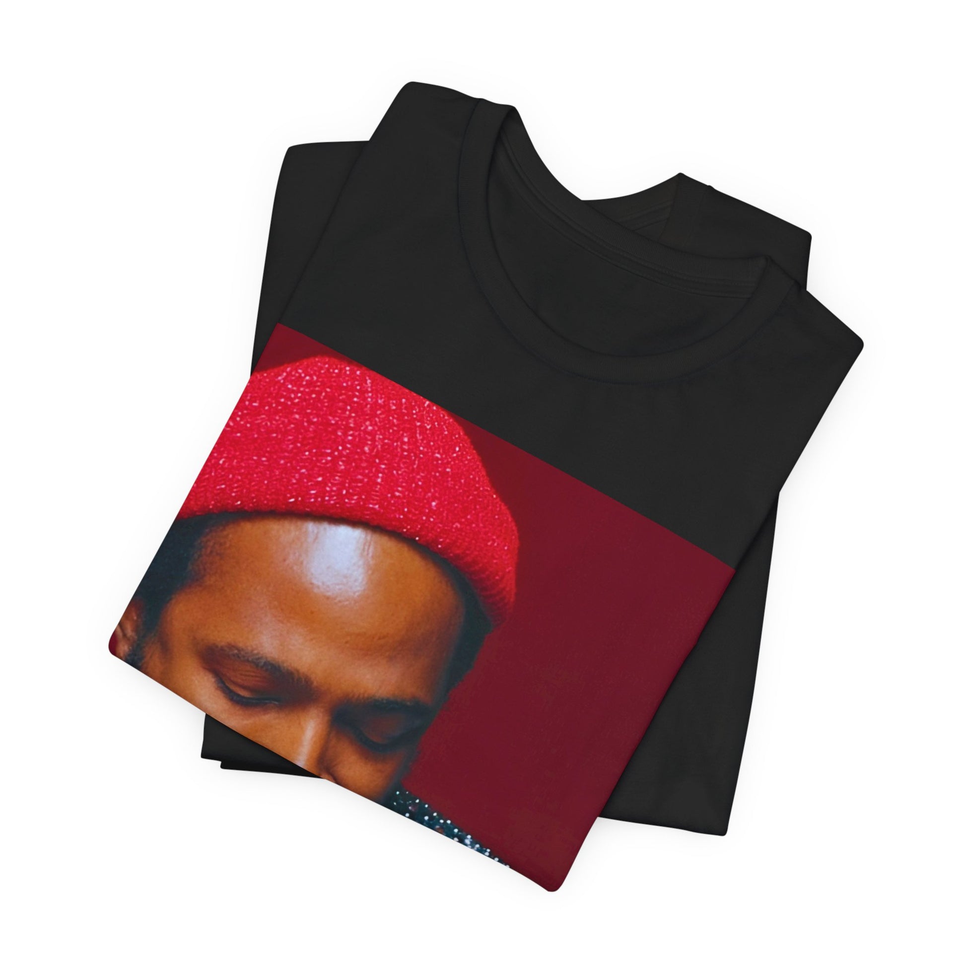 A black graphic t-shirt featuring a graphic related to Marvin Gaye's 'What's Going On' album era.