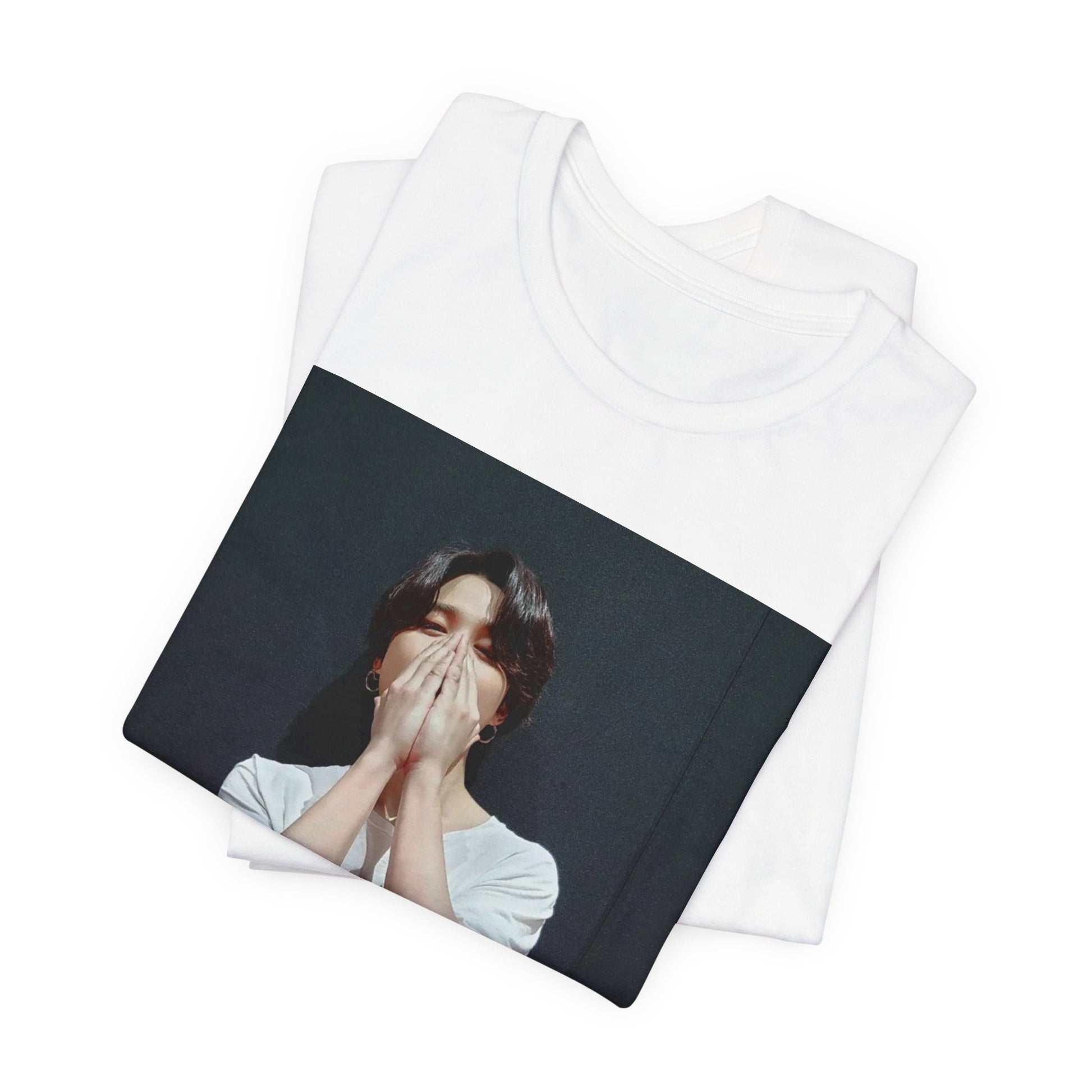 A black graphic t-shirt featuring a graphic of Jimin designed for everyday K-Pop style.