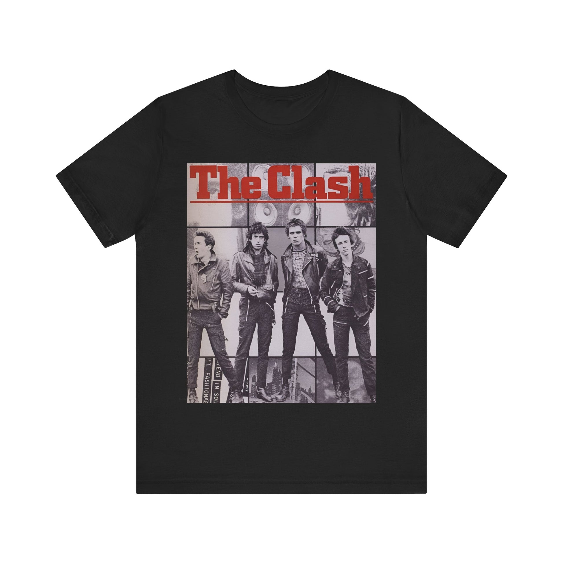 A black graphic t-shirt featuring a 70s retro punk superstar graphic of The Clash.