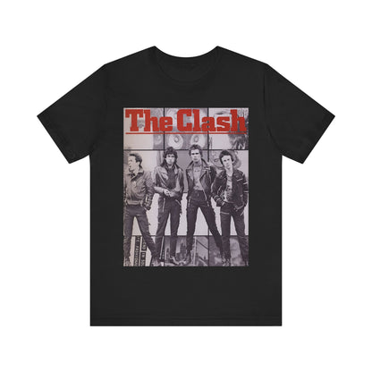 A black graphic t-shirt featuring a 70s retro punk superstar graphic of The Clash.