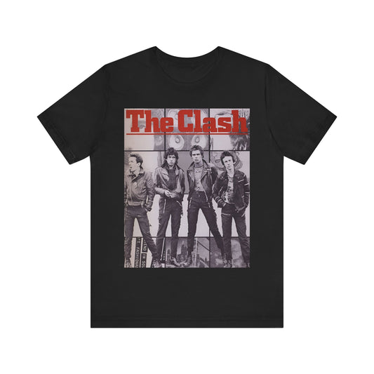 A black graphic t-shirt featuring a 70s retro punk superstar graphic of The Clash.