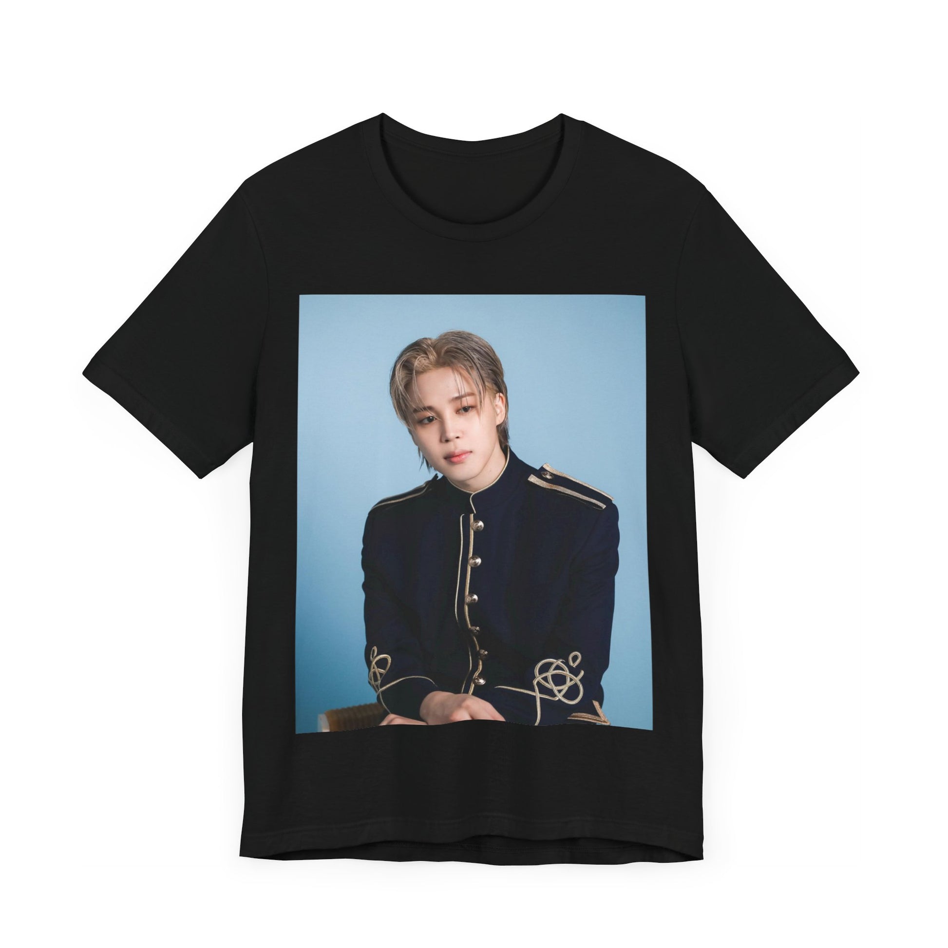 A black graphic t-shirt featuring a graphic related to Jimin's 'FACE' album era.