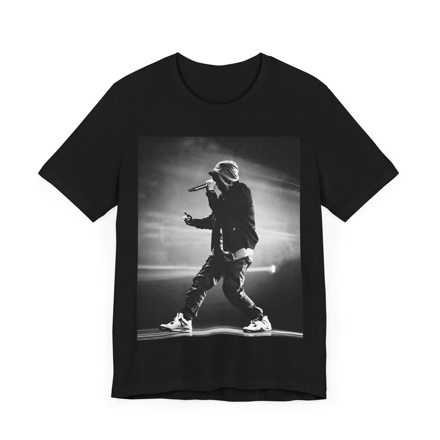 A black graphic t-shirt featuring a boxy hip hop aesthetic graphic of Eminem.