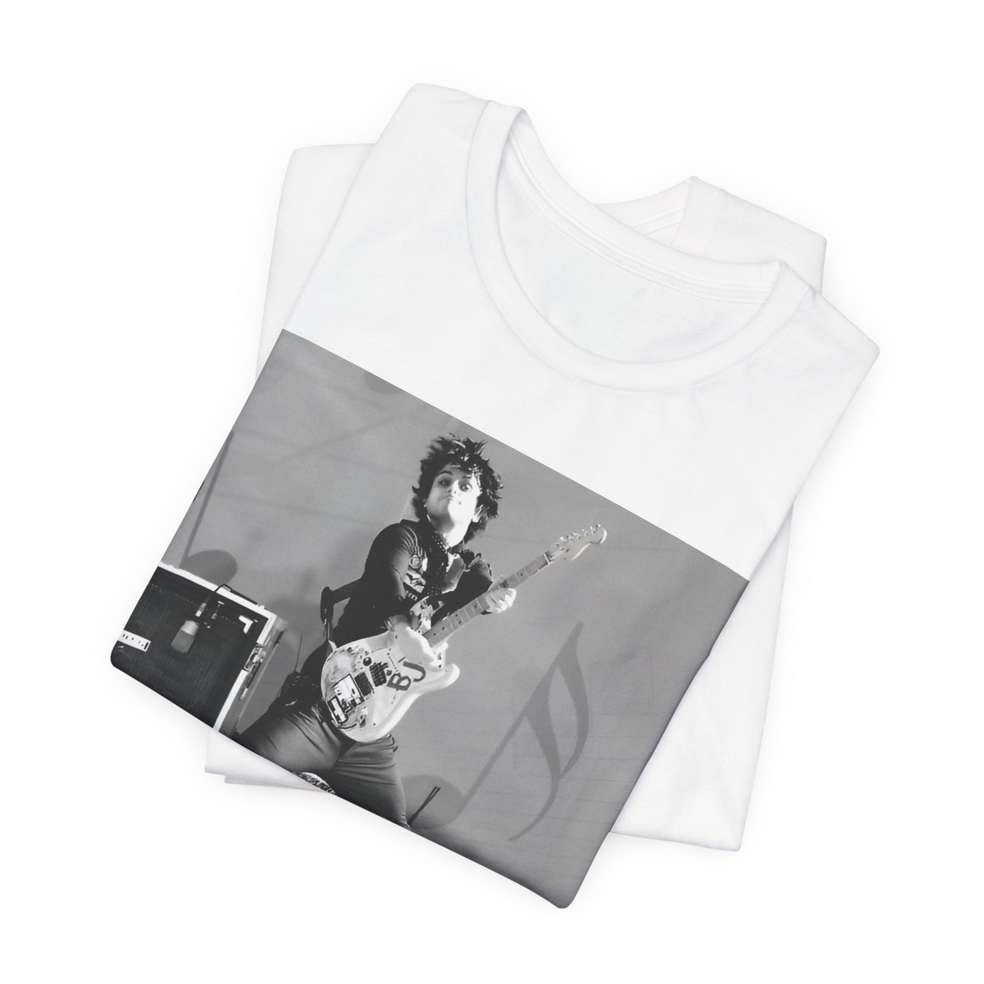 A black graphic t-shirt featuring a graphic of Billie Joe Armstrong from Green Day jumping on stage during a performance.