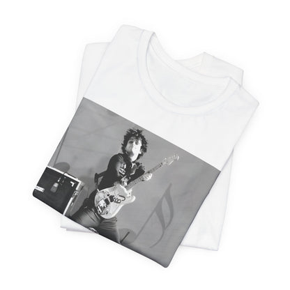 A black graphic t-shirt featuring a graphic of Billie Joe Armstrong from Green Day jumping on stage during a performance.