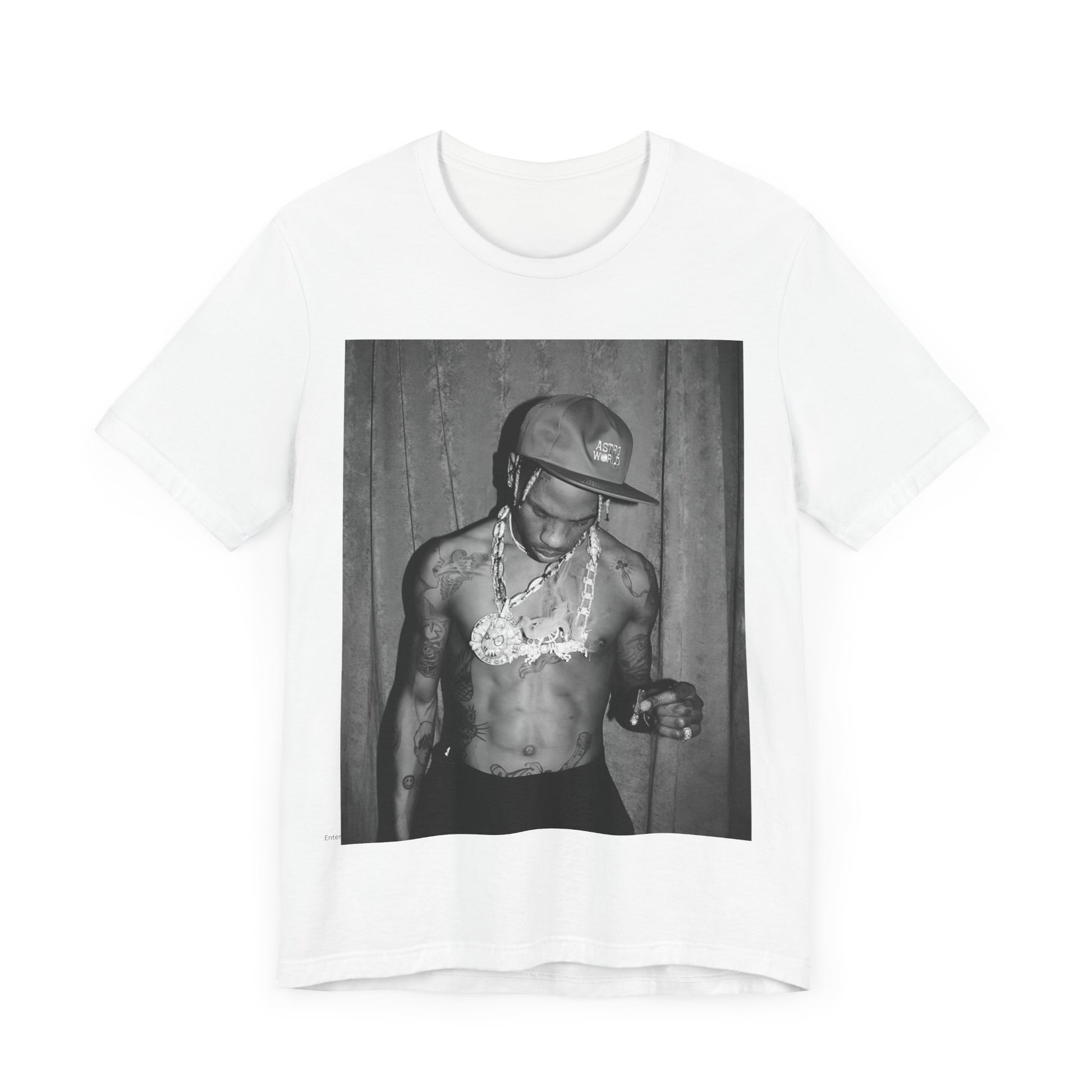 A black graphic t-shirt featuring a graphic of Travis Scott as the Houston rap king.