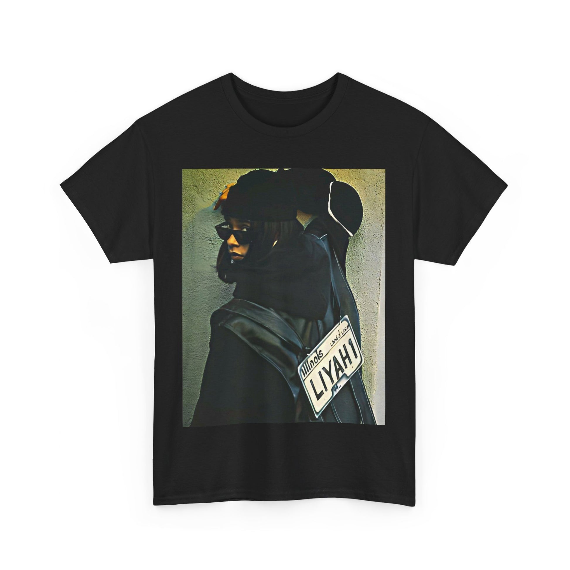 A black graphic t-shirt featuring a graphic of Aaliyah as the queen of urban rap legacy.
