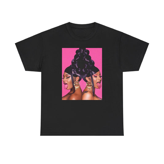 A black graphic t-shirt featuring a graphic of Megan Thee Stallion with rap vibes.