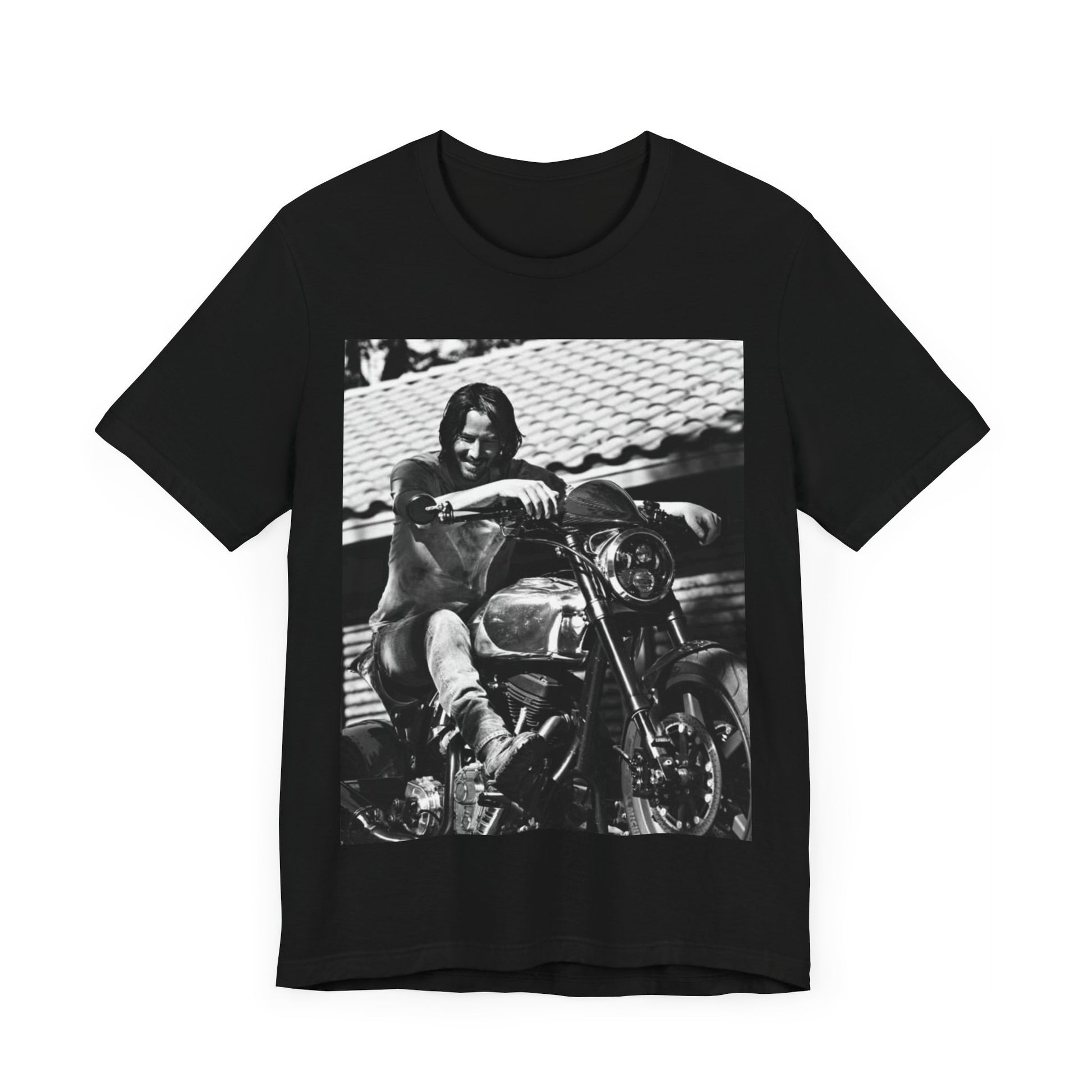 A black graphic t-shirt featuring a black and white photo of Keanu Reeves on a motorcycle.