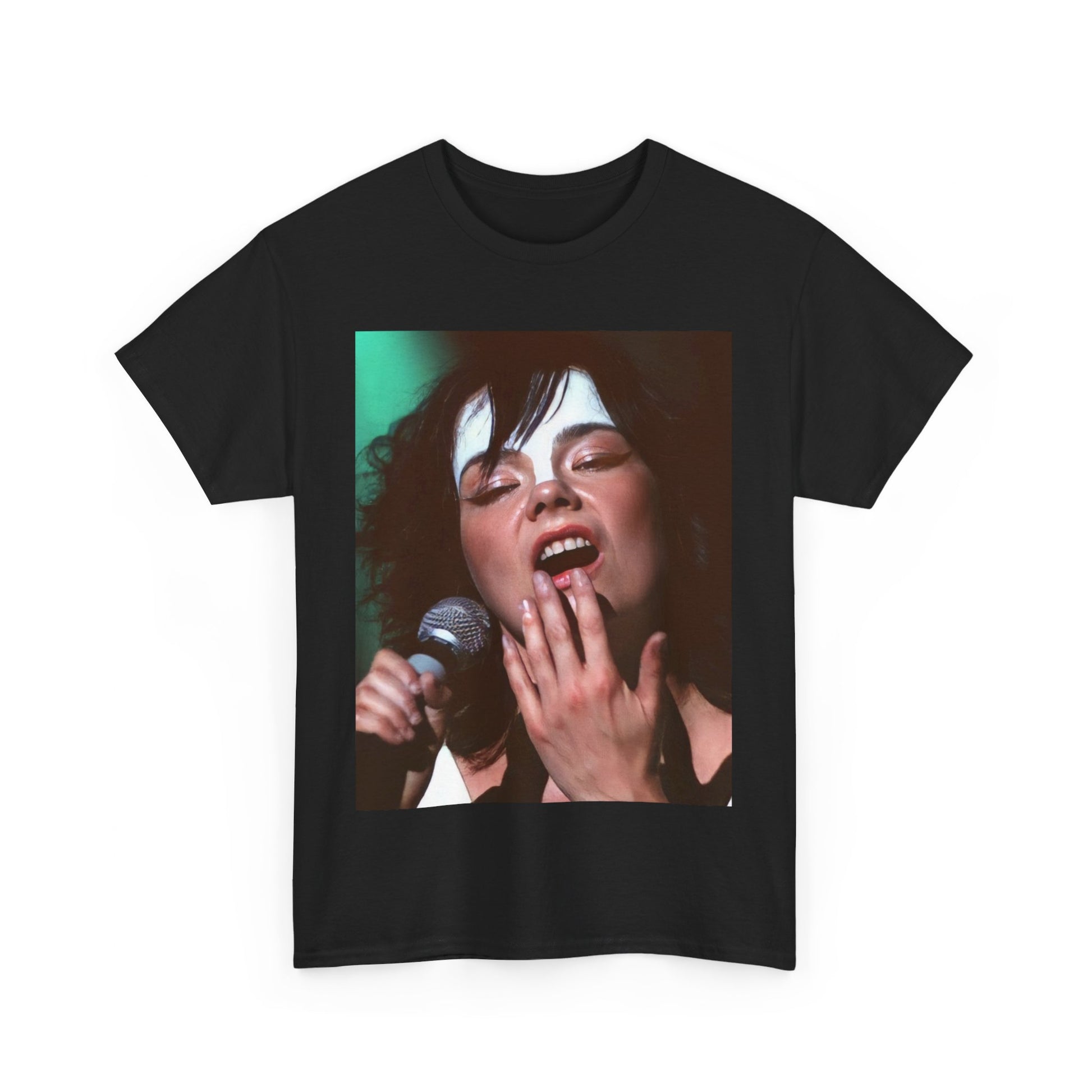 A black graphic t-shirt featuring a graphic of Bjork showcasing her bold and experimental fashion from the 1990s.