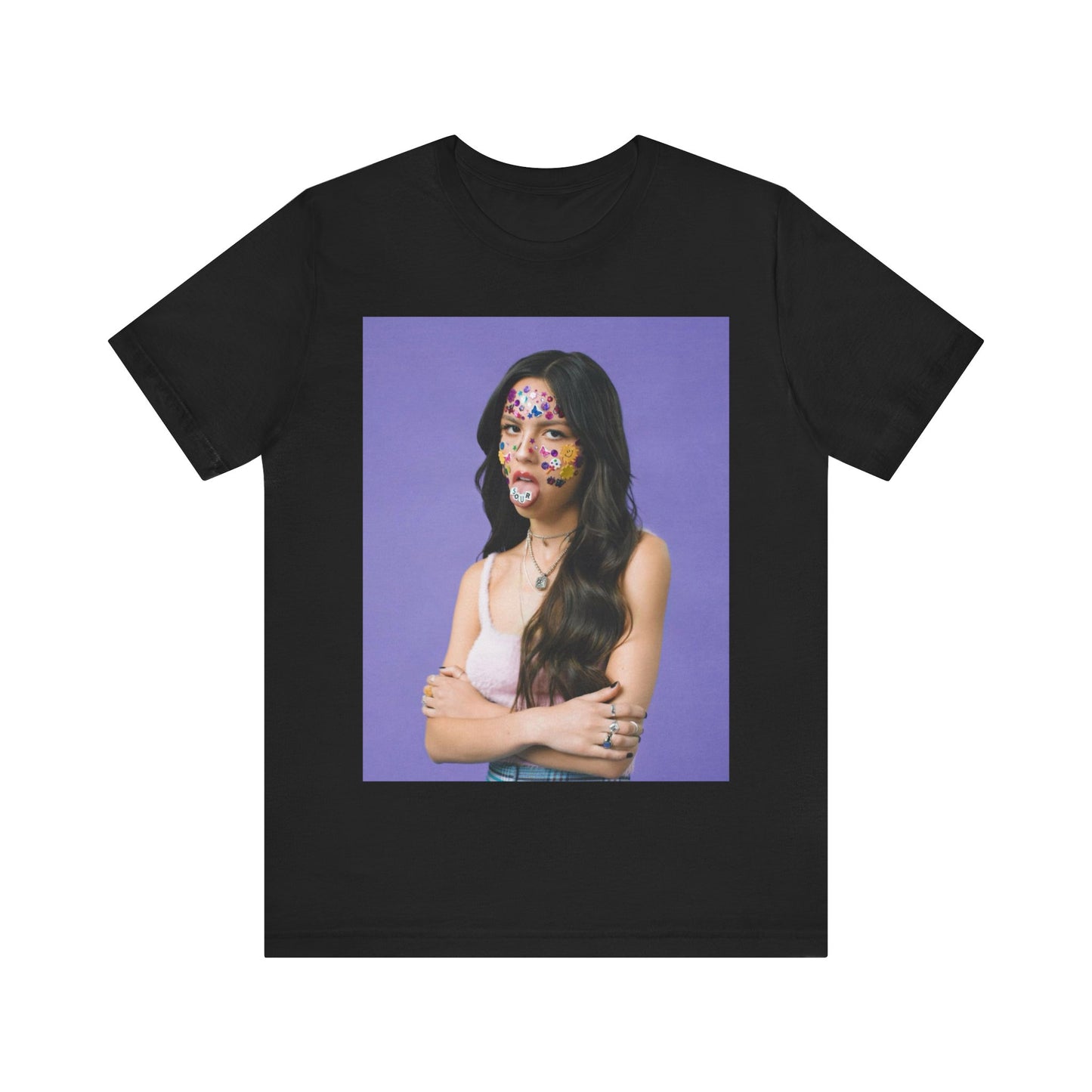 A black graphic t-shirt featuring a bold graphic of Olivia Rodrigo as a pop superstar.