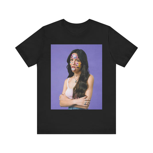 A black graphic t-shirt featuring a bold graphic of Olivia Rodrigo as a pop superstar.
