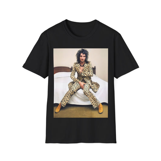 A black graphic t-shirt featuring a vintage rock icon graphic of Rod Stewart.
