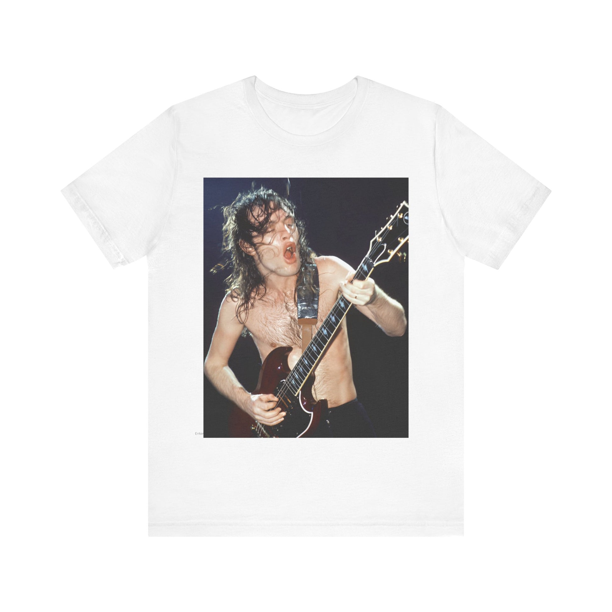 A graphic of AC/DC's lead guitarist, Angus Young, performing with high energy live on stage, printed on a t-shirt.