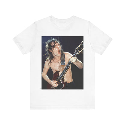 A graphic of AC/DC's lead guitarist, Angus Young, performing with high energy live on stage, printed on a t-shirt.