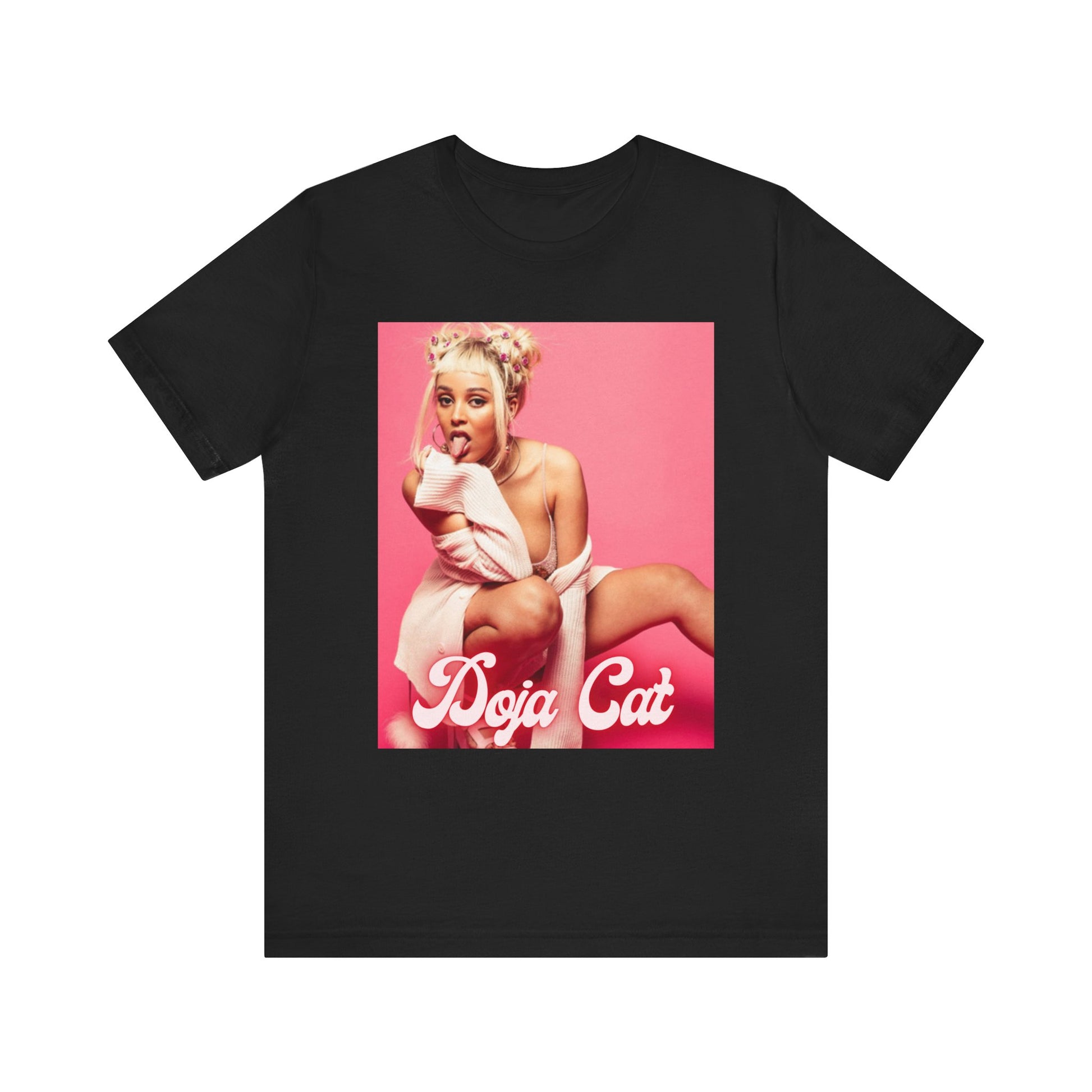 A black graphic t-shirt featuring a graphic related to Doja Cat's 'Woman' song or era.